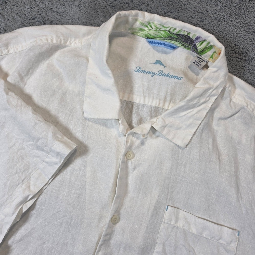Tommy Bahama Linen Shirt Mens 2XLB White Short Sleeve Button Down Marlin Logo